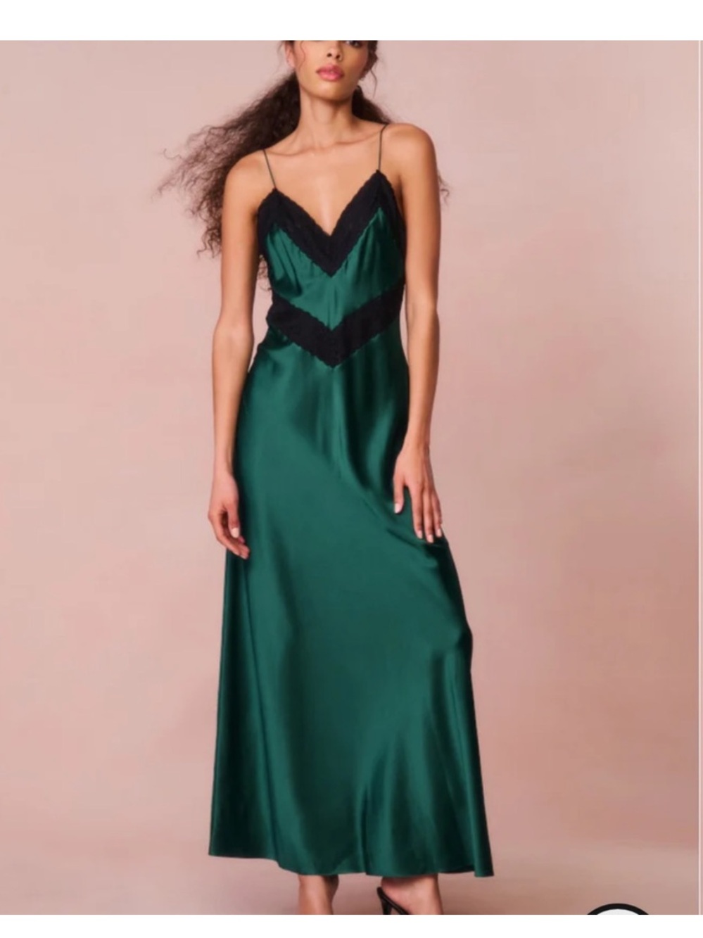 LoveShackFancy Emerald Green Slip Maxi Dress with Black Lace